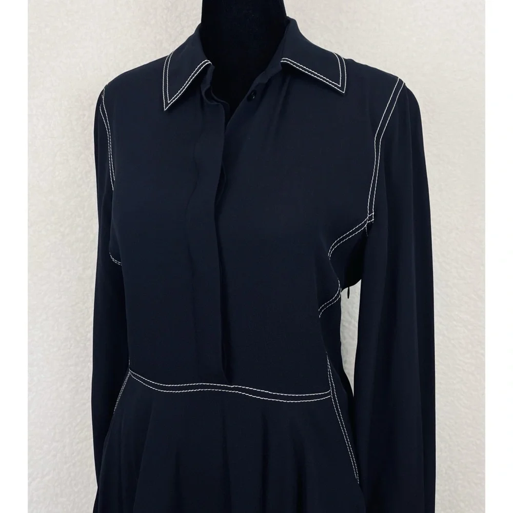 STELLA MCCARTNEY • 100% Silk Navy Contrast-Stitch Collared Mini Dress, S - Picture 10 of 16